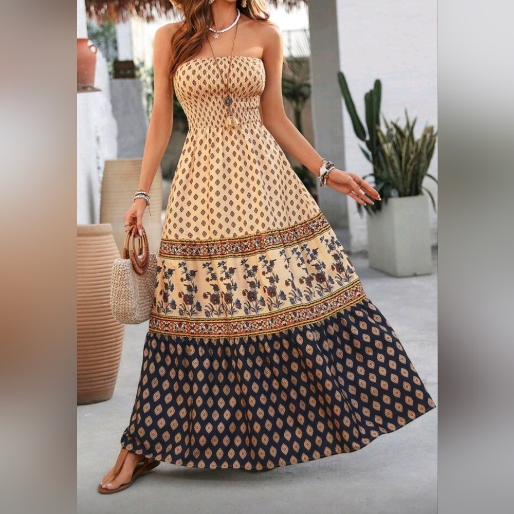 New Boho Print Strapless Tube Top Maxi Dress - Picture 7 of 10